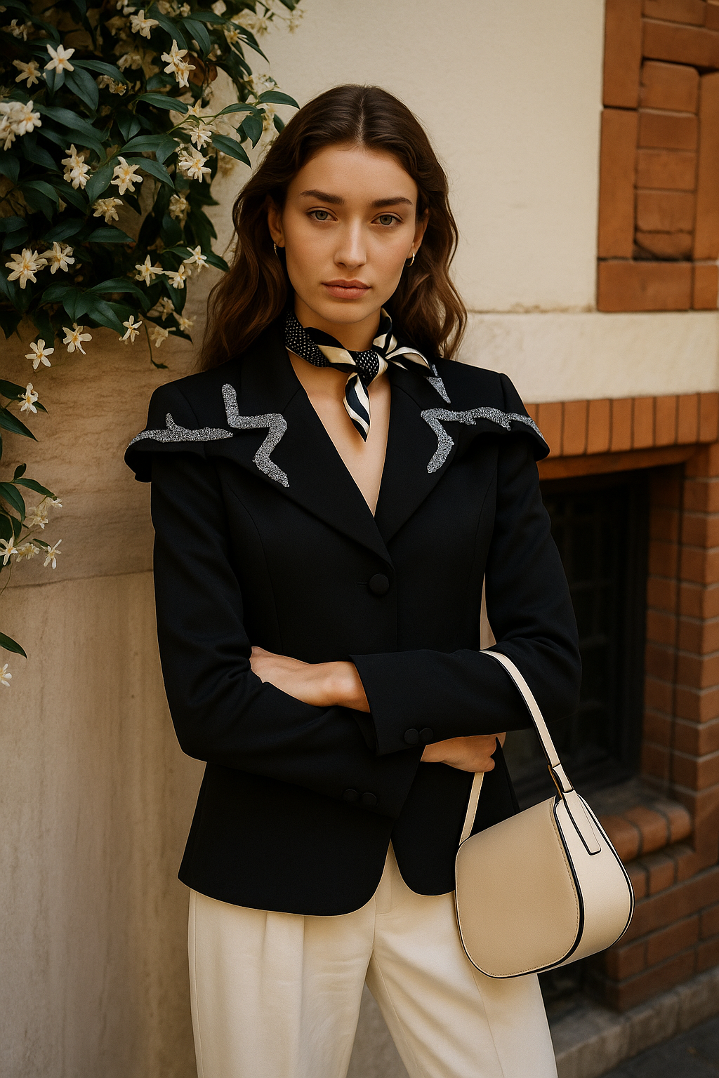 Fırfır Detay Üzeri Dal Motifli Siyah Blazer Ceket