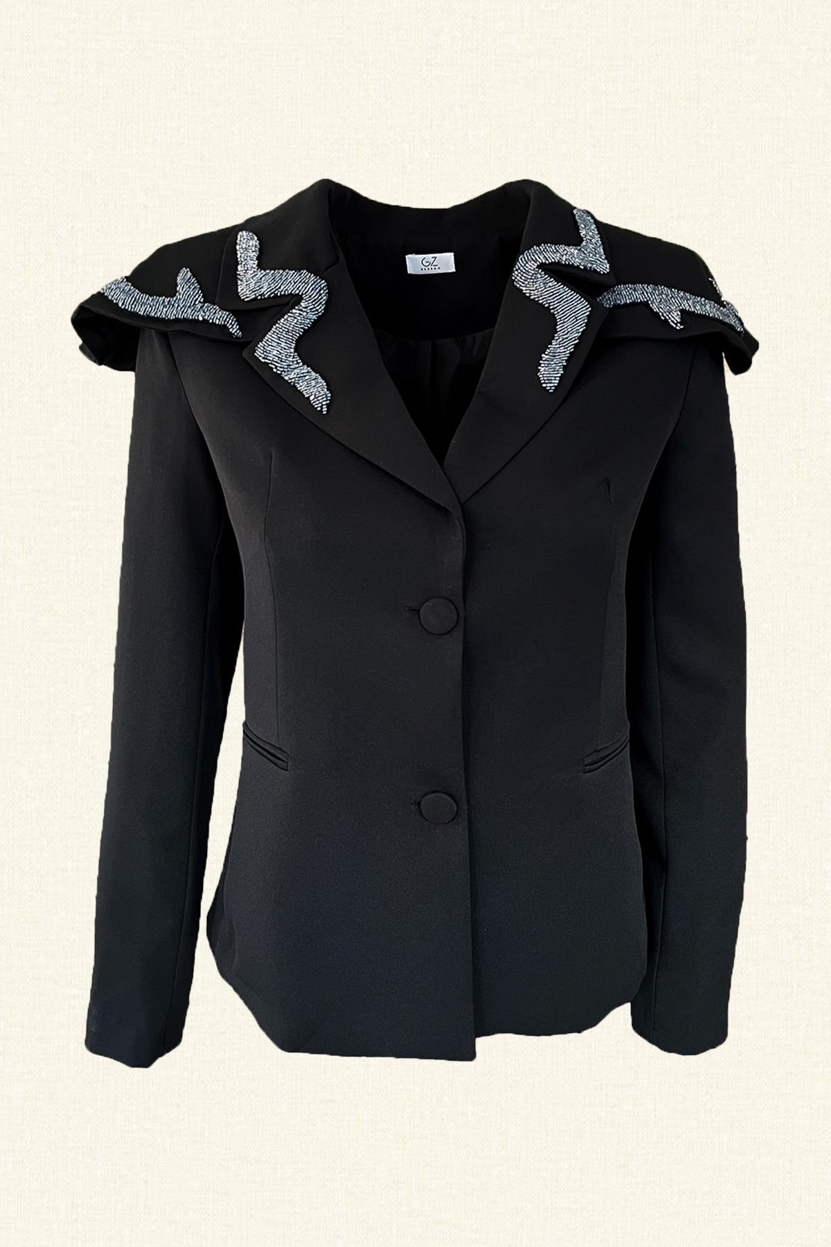 Fırfır Detay Üzeri Dal Motifli Siyah Blazer Ceket