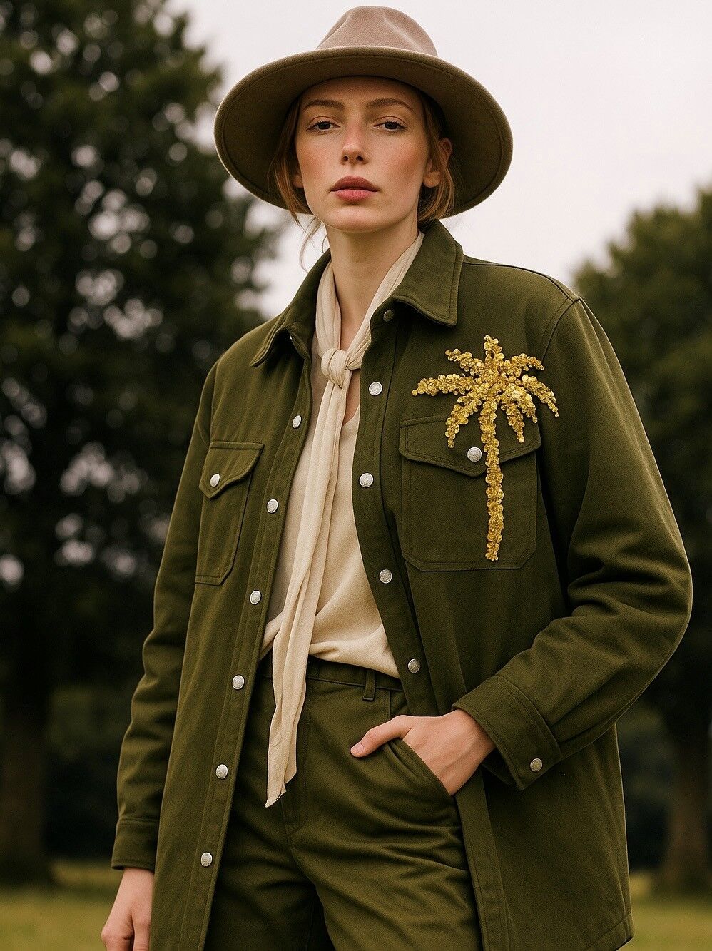 Gold Palmiye İşlemeli Uzun Yeşil Jean Ceket