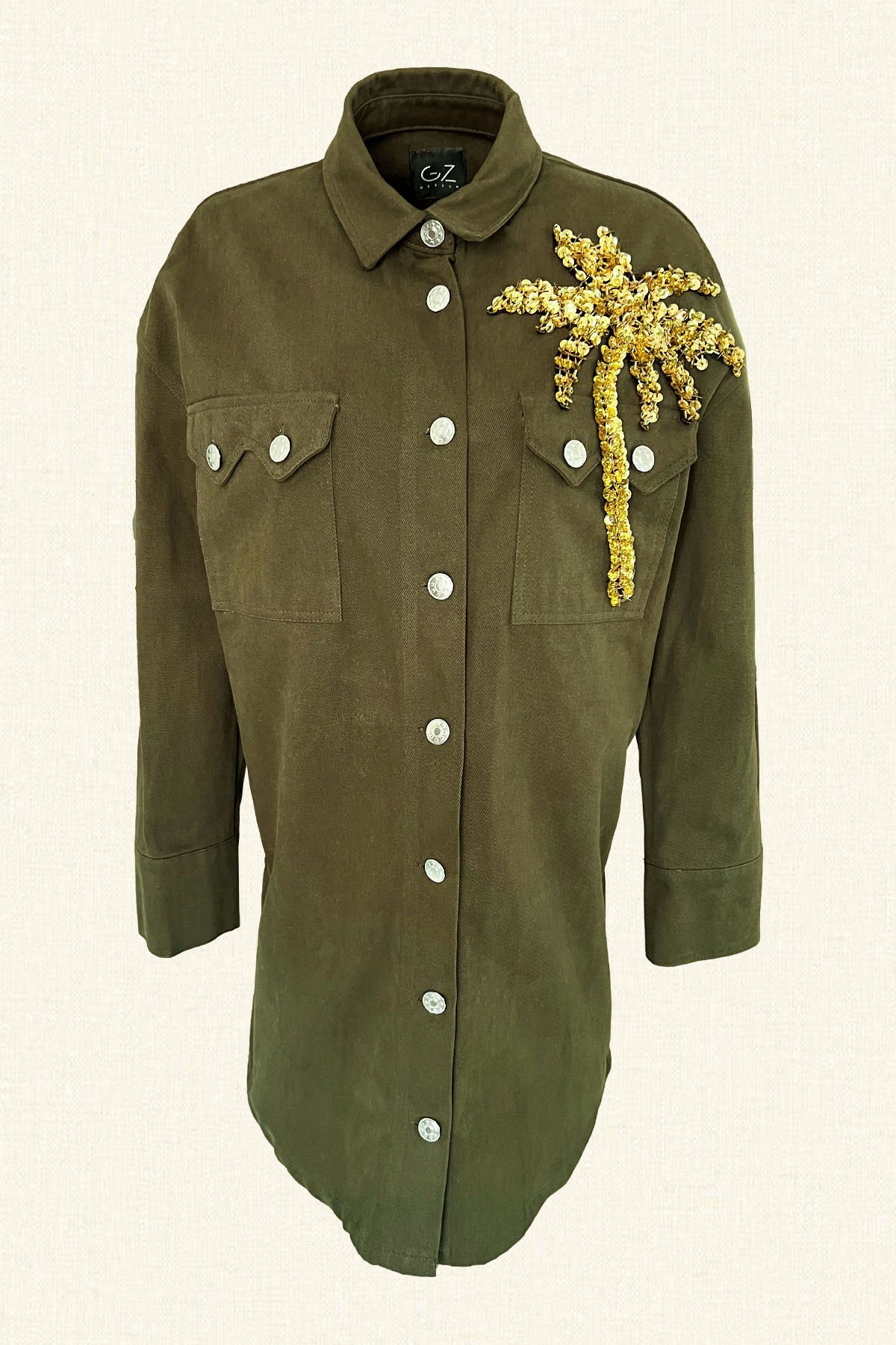 Gold Palmiye İşlemeli Uzun Yeşil Jean Ceket