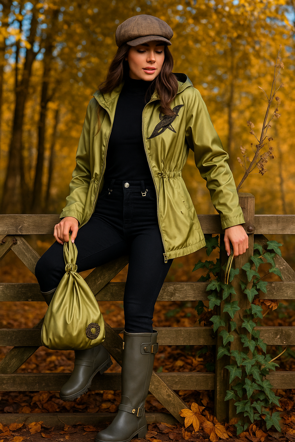 Bakır İşlemeli Çanta Detaylı Yeşil Yağmurluk