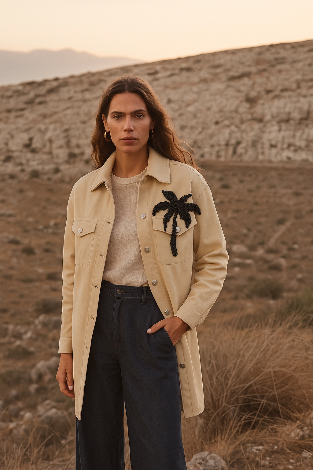 Siyah Palmiye İşlemeli Uzun Krem Jean Ceket