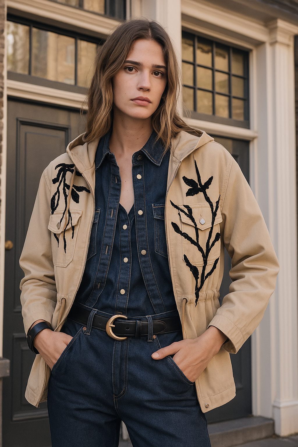 Siyah Dal İşlemeli Taş Renk Kapüşonlu İnce Mont