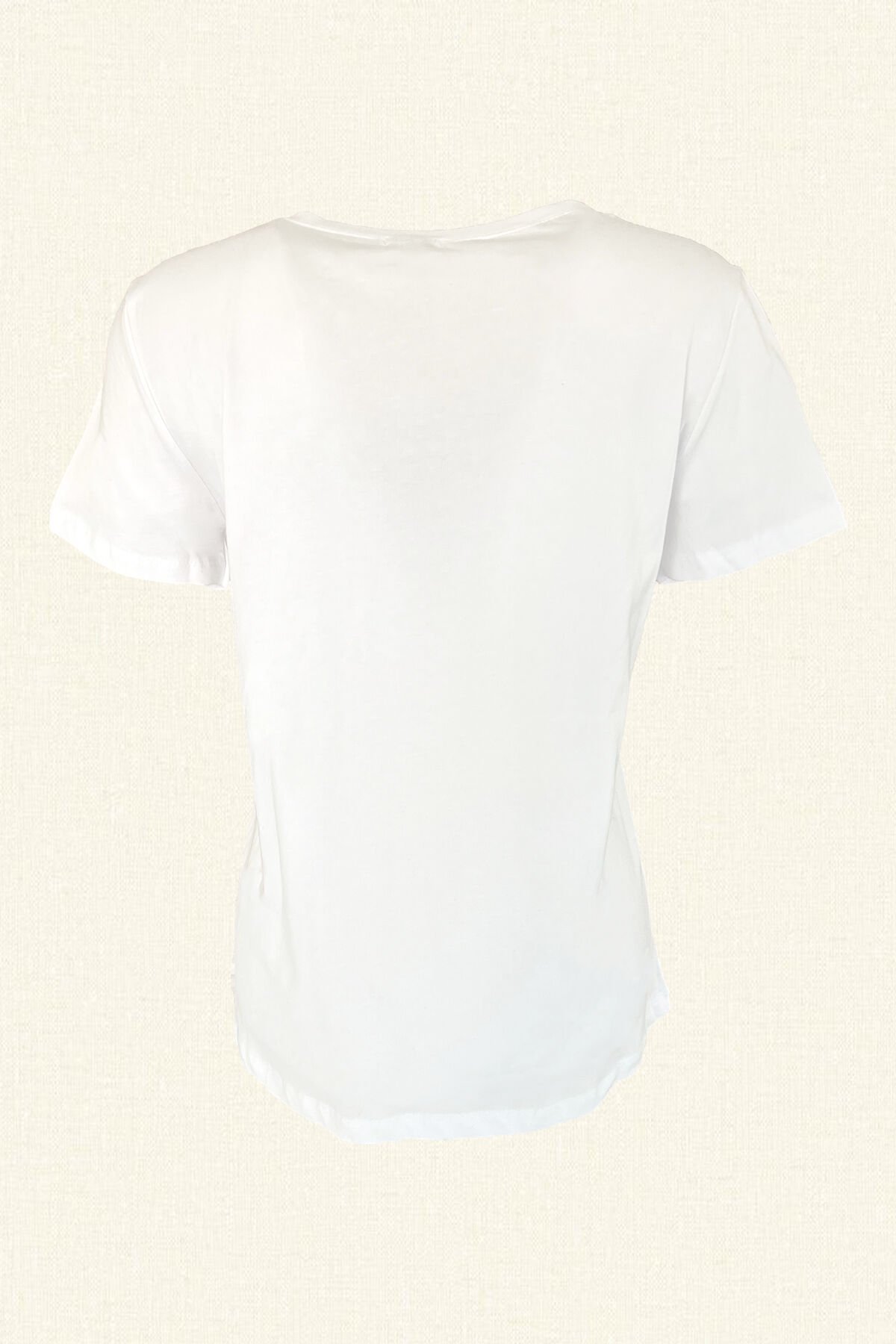 Renkli Boncuk İşlemeli Basic V Yaka Pamuklu Beyaz Tişört