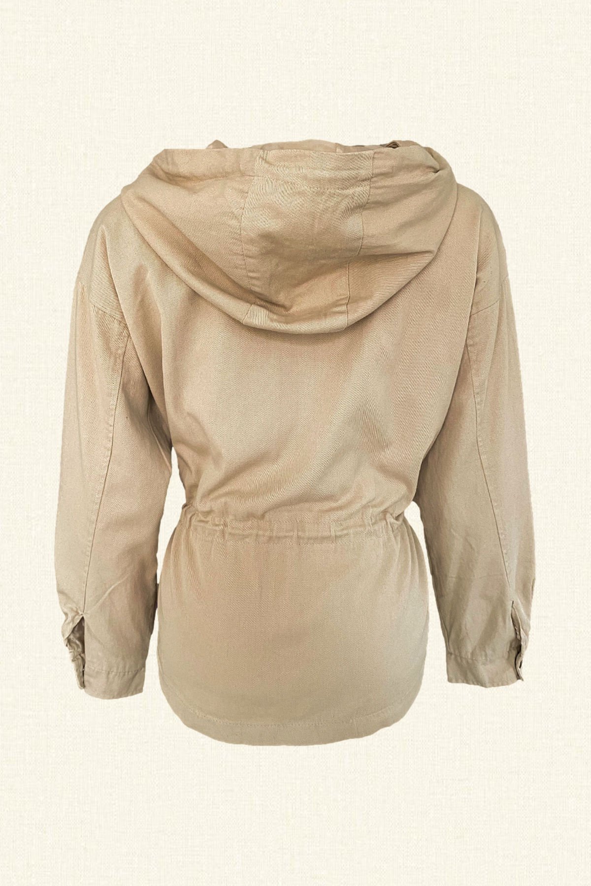 Siyah Dal İşlemeli Taş Renk Kapüşonlu İnce Mont