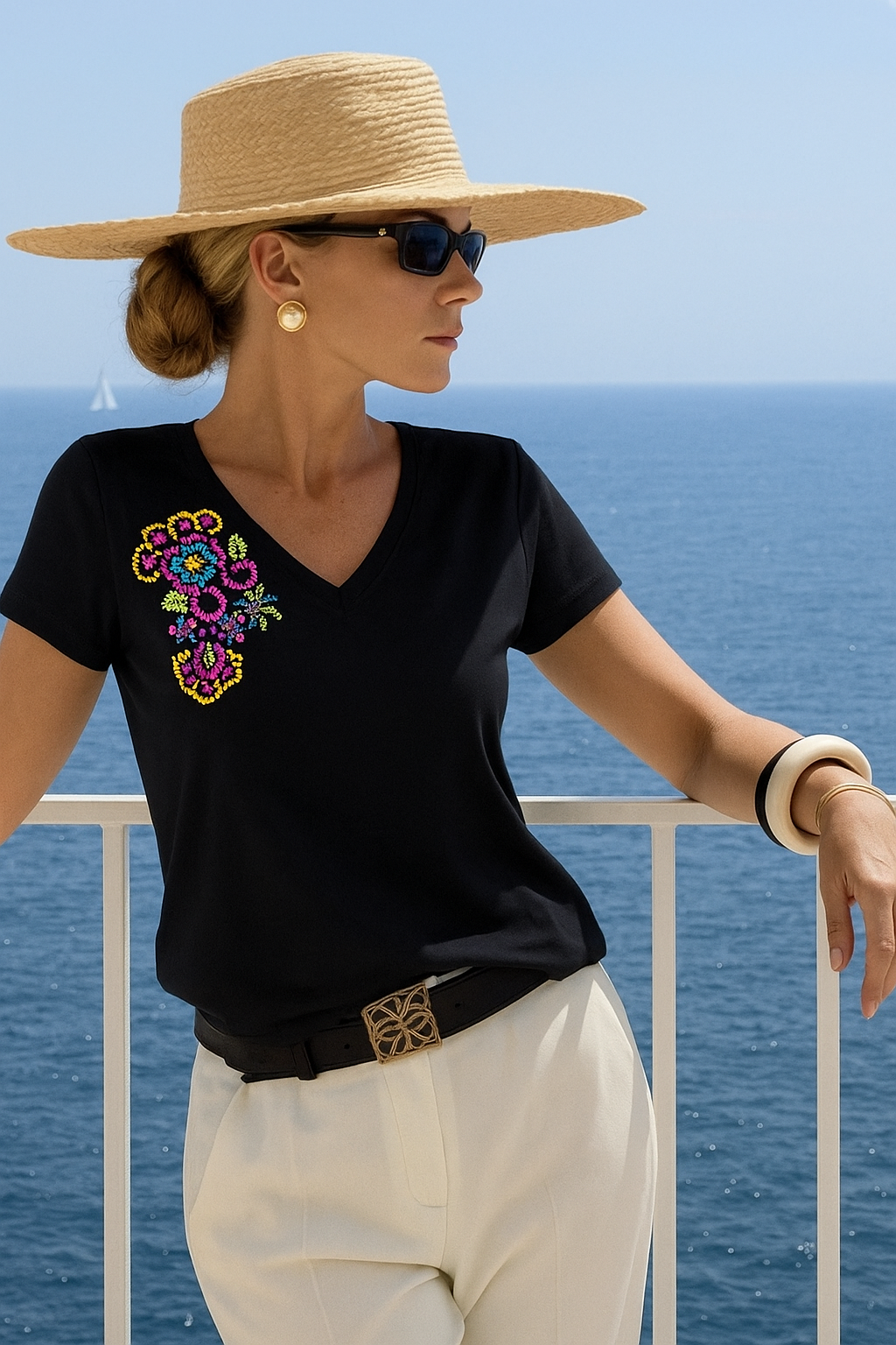 Renkli Boncuk İşlemeli Basic V Yaka Pamuklu Siyah Tişört