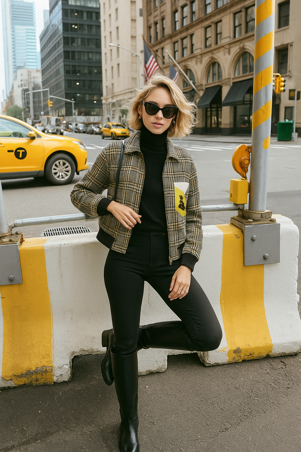 Cepleri İşlemeli Sarı Ekose Ceket