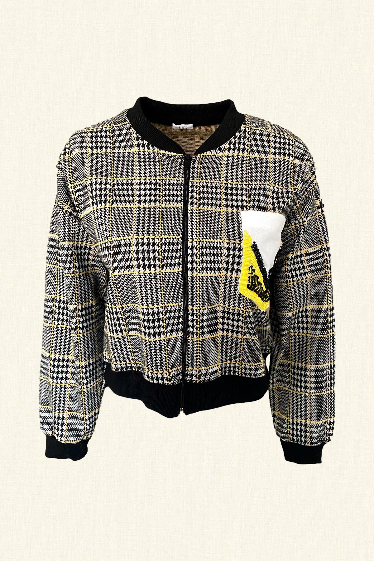 Cepleri İşlemeli Sarı Ekose Ceket