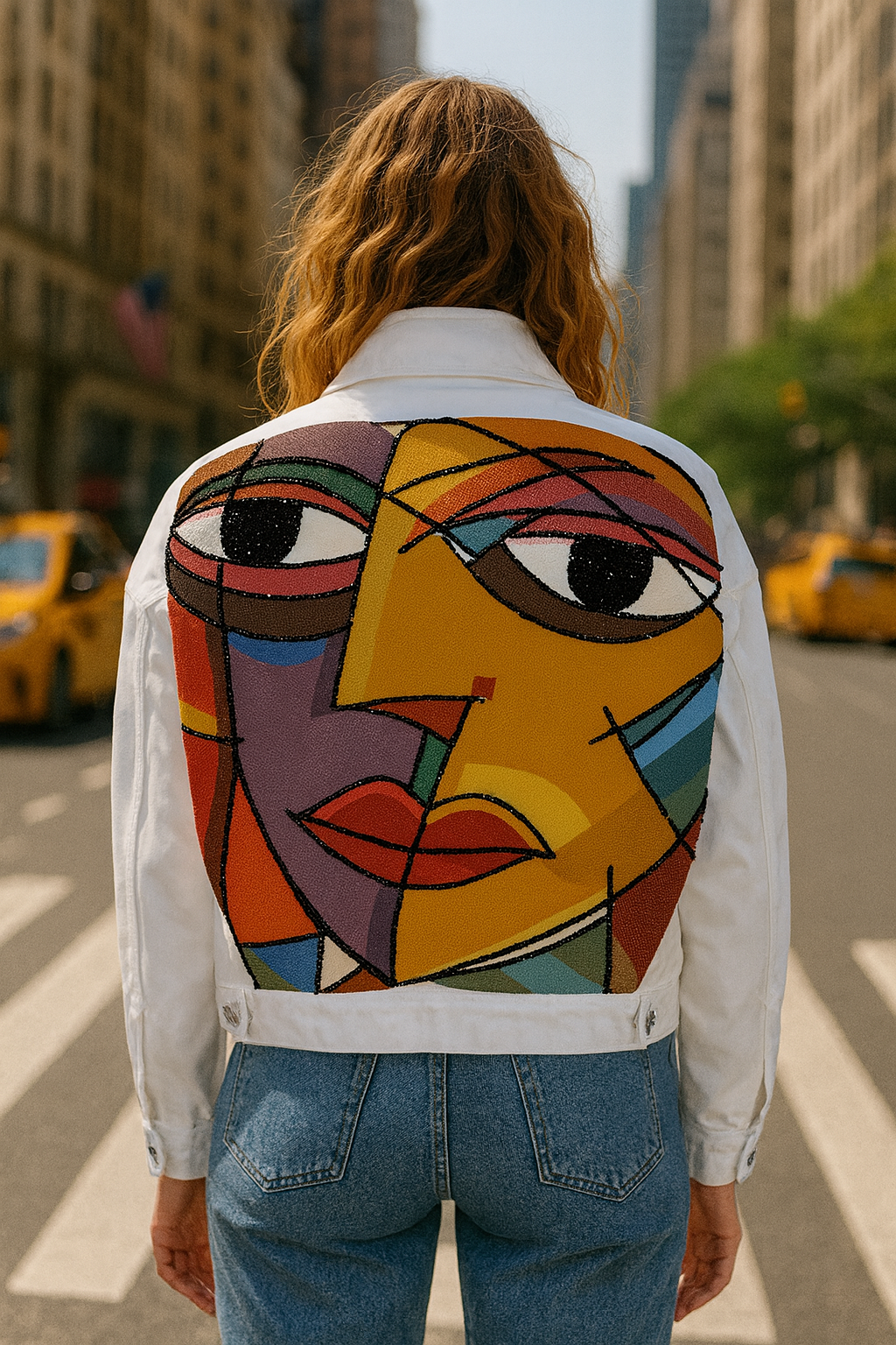 Boncuk İşlemeli Yüz Figürlü Beyaz Oversize Jean Ceket