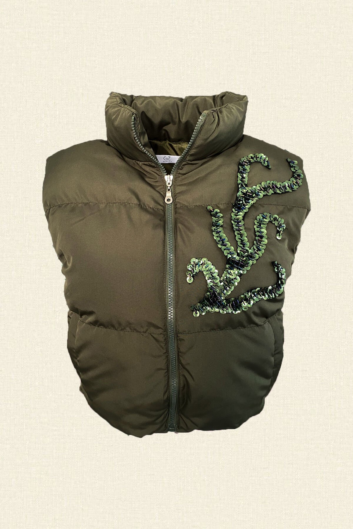 Yeşil Dal İşlemeli Yeşil Bomber Şişme Yelek