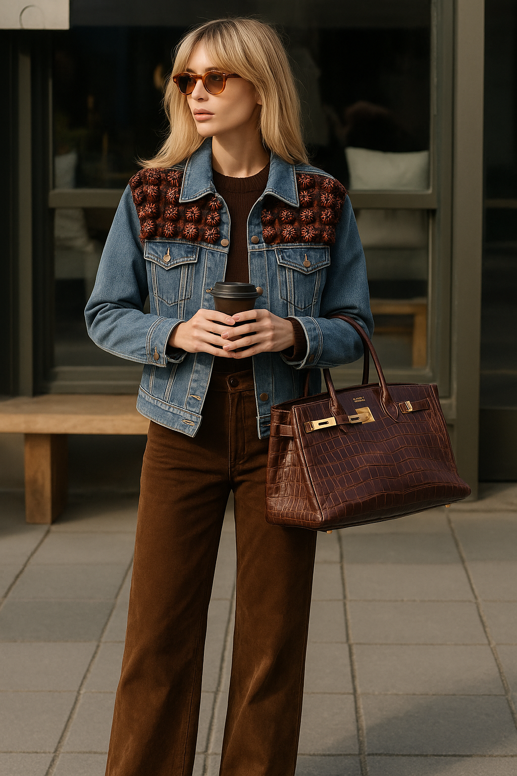 Bakır Çiçek İşlemeli Açık Renk Jean Ceket