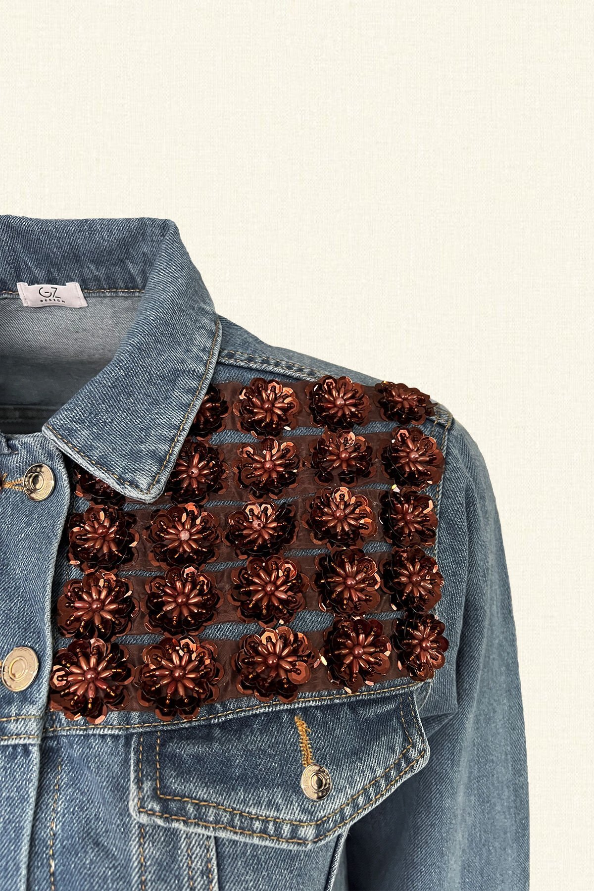 Bakır Çiçek İşlemeli Açık Renk Jean Ceket