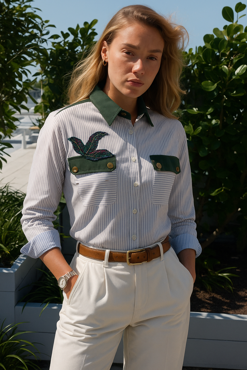 Kristal İşlemeli Yeşil Detaylı Mavi Çizgili Gömlek