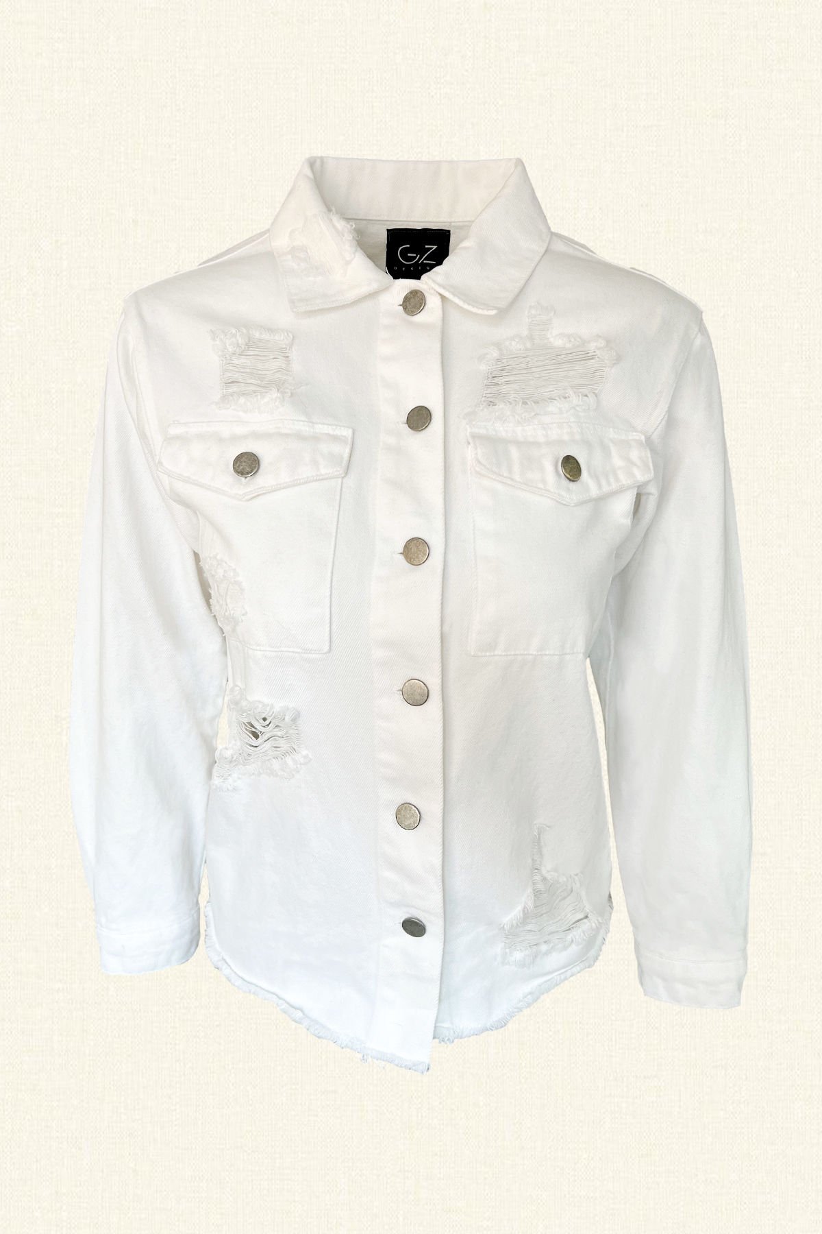 Füme Renk Boncuk İşlemeli Beyaz Jean Ceket