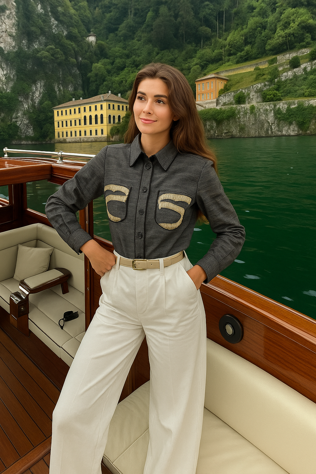 Cep İşlemeli Biye Detaylı Kareli Füme Gömlek