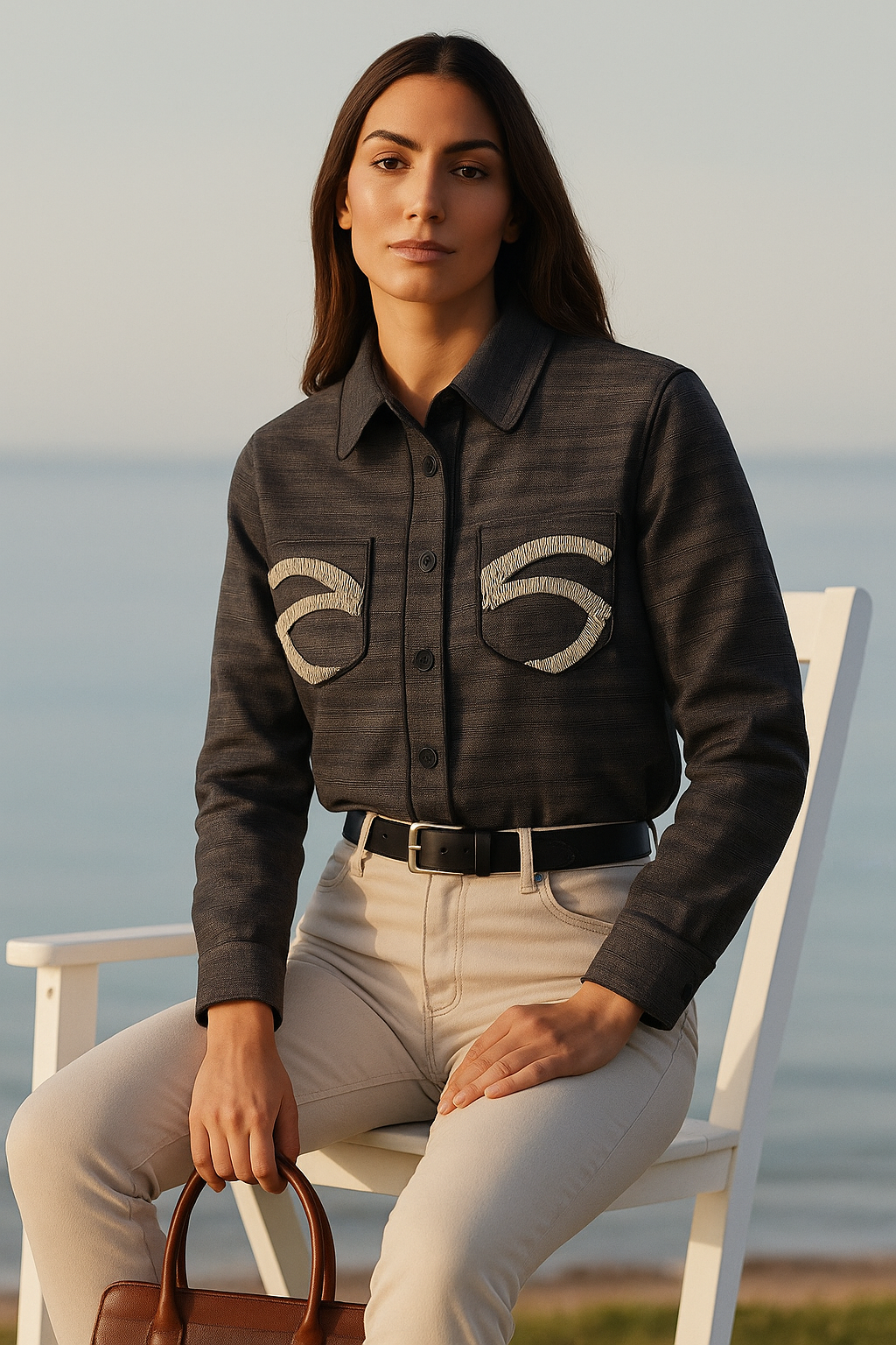 Cep İşlemeli Biye Detaylı Kareli Füme Gömlek