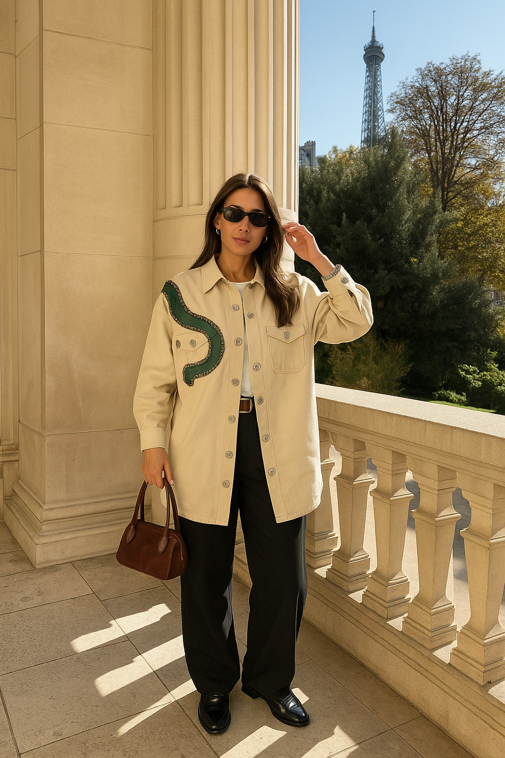 Deri Üzeri Boncuk İşlemeli Yılan Figürlü Uzun Krem Renk Jean Ceket