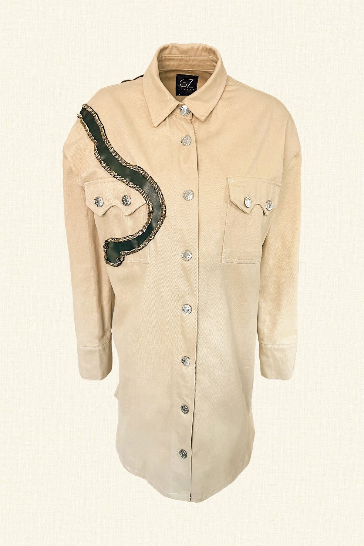 Deri Üzeri Boncuk İşlemeli Yılan Figürlü Uzun Krem Renk Jean Ceket