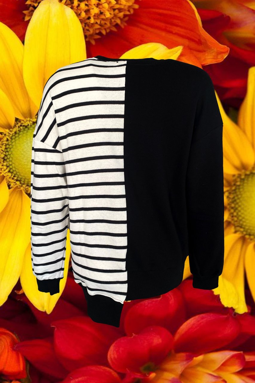 Renkli İşlemeli Siyah Çizgili Oversize Sweatshirt