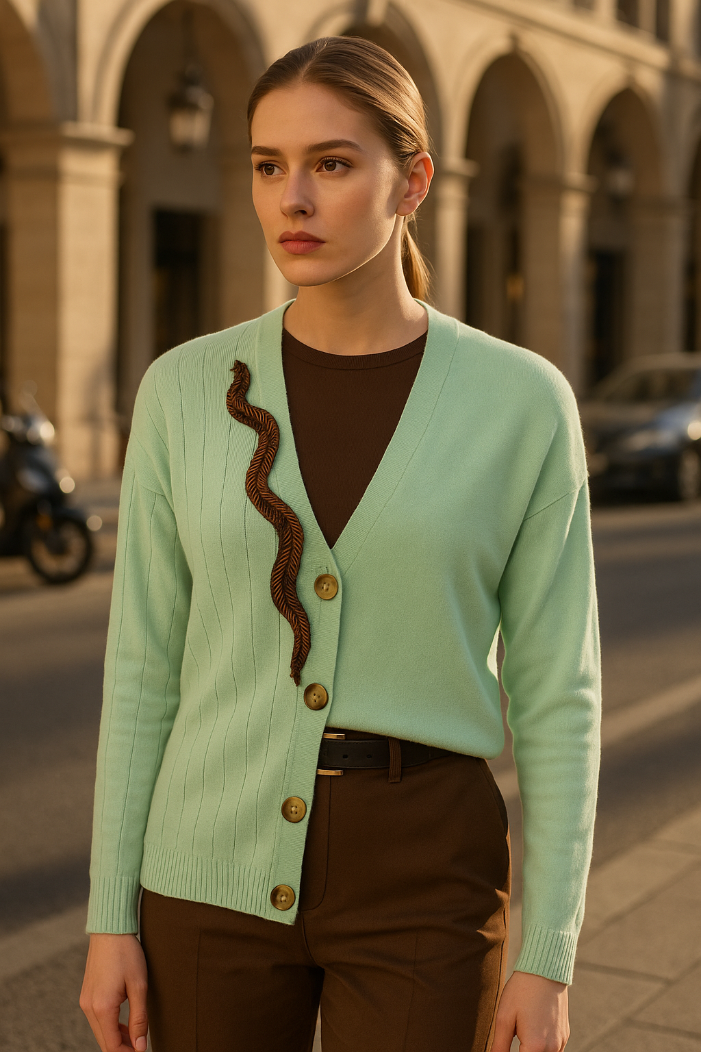 Bakır Yılan İşlemeli Mint Yeşili Hırka