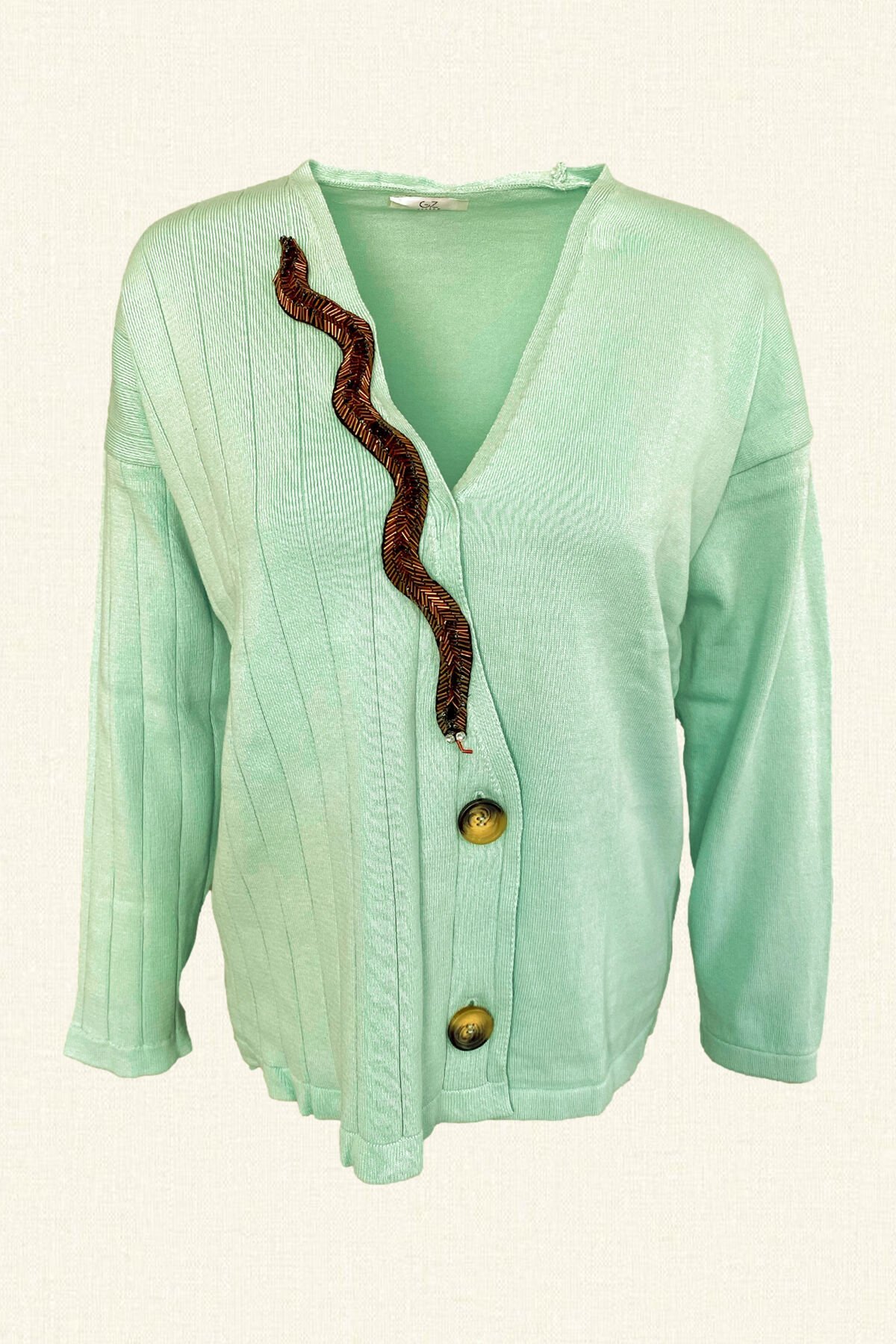 Bakır Yılan İşlemeli Mint Yeşili Hırka