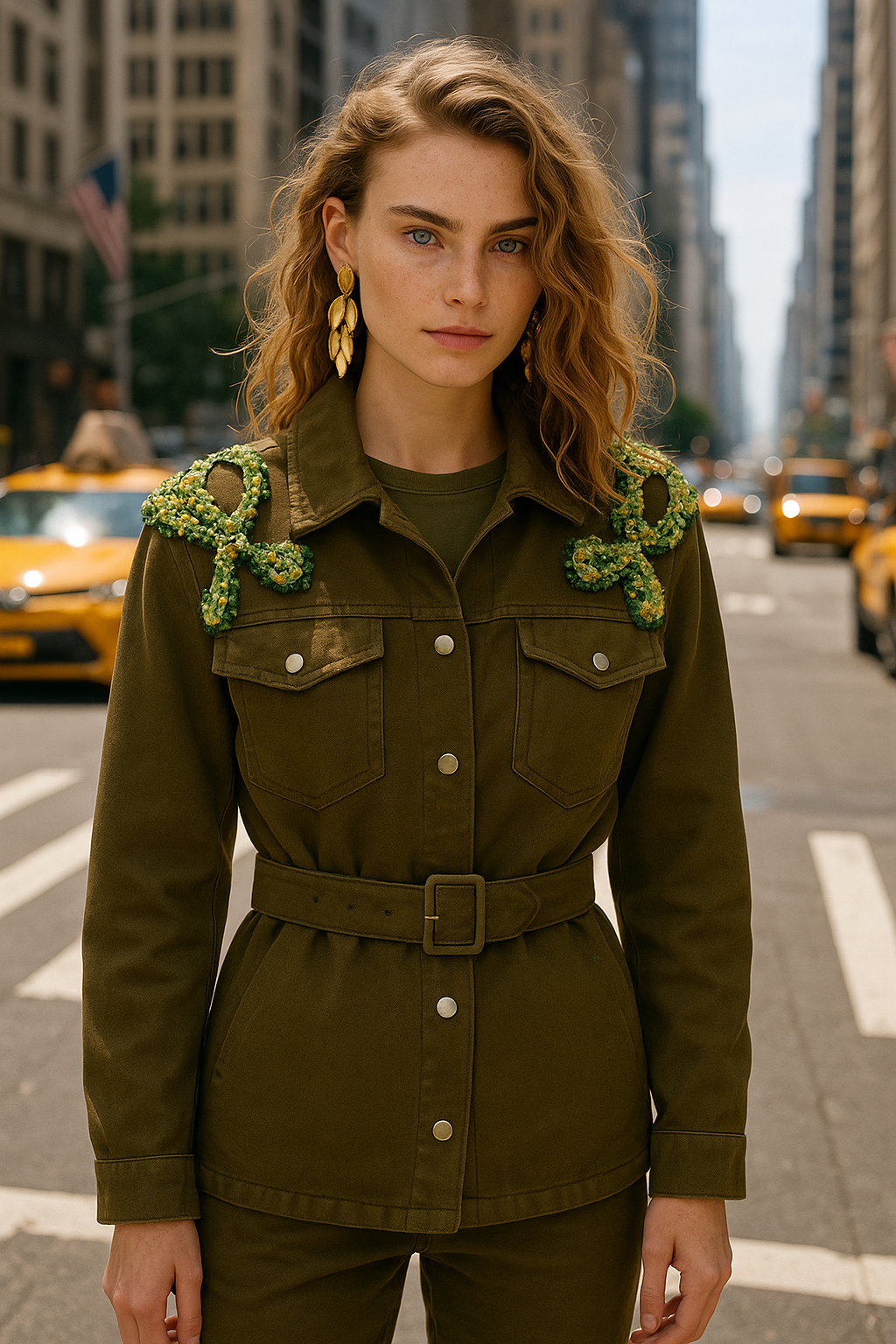 Omuzları 3 Renk İşlemeli Yeşil Jean Ceket