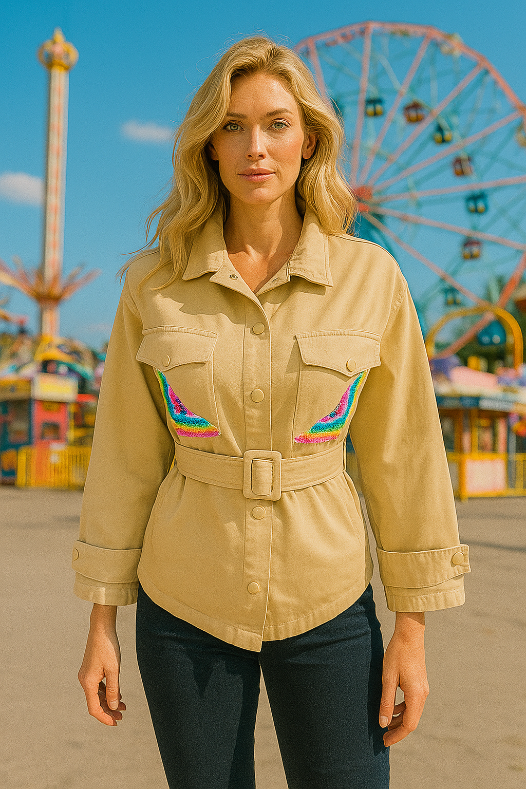 Renkli Boncuk İşlemeli Krem Renk Jean Ceket