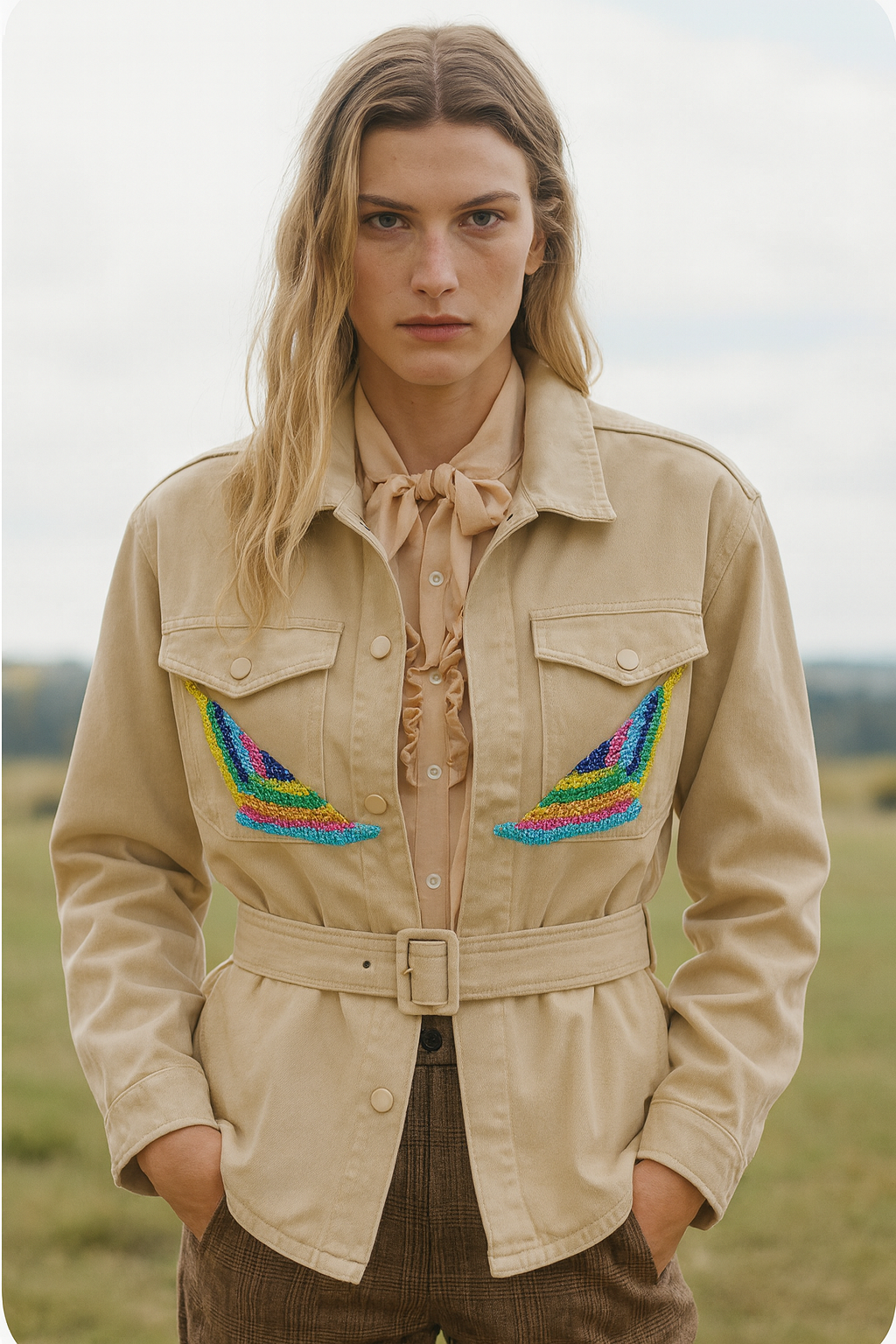 Renkli Boncuk İşlemeli Krem Renk Jean Ceket