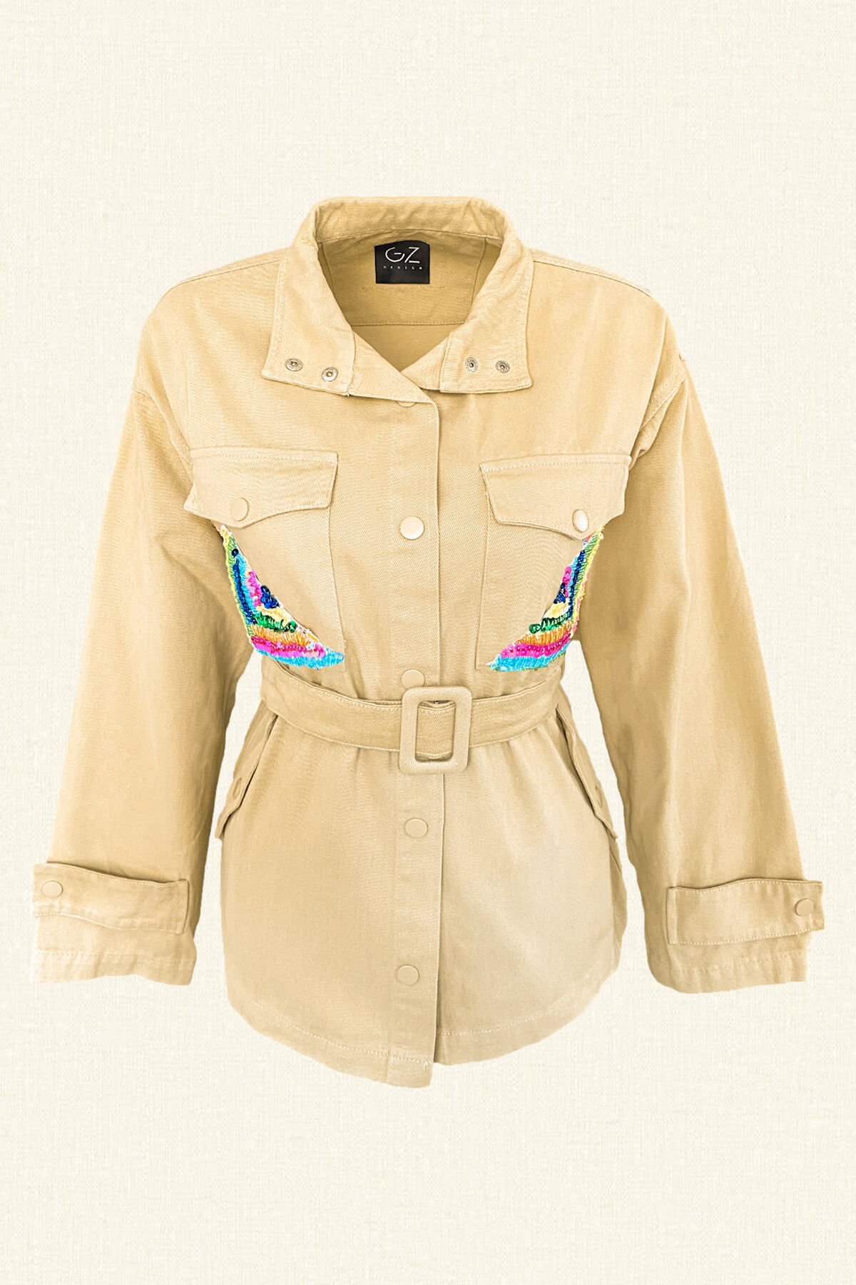 Renkli Boncuk İşlemeli Krem Renk Jean Ceket