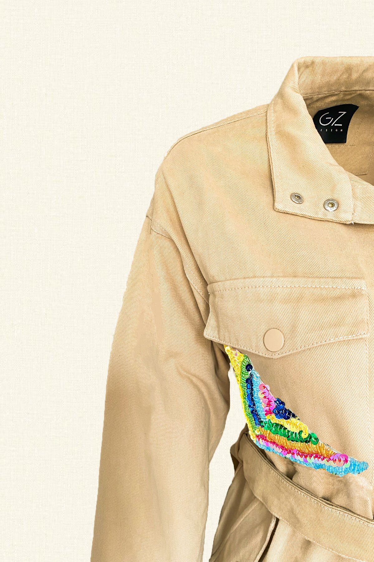 Renkli Boncuk İşlemeli Krem Renk Jean Ceket