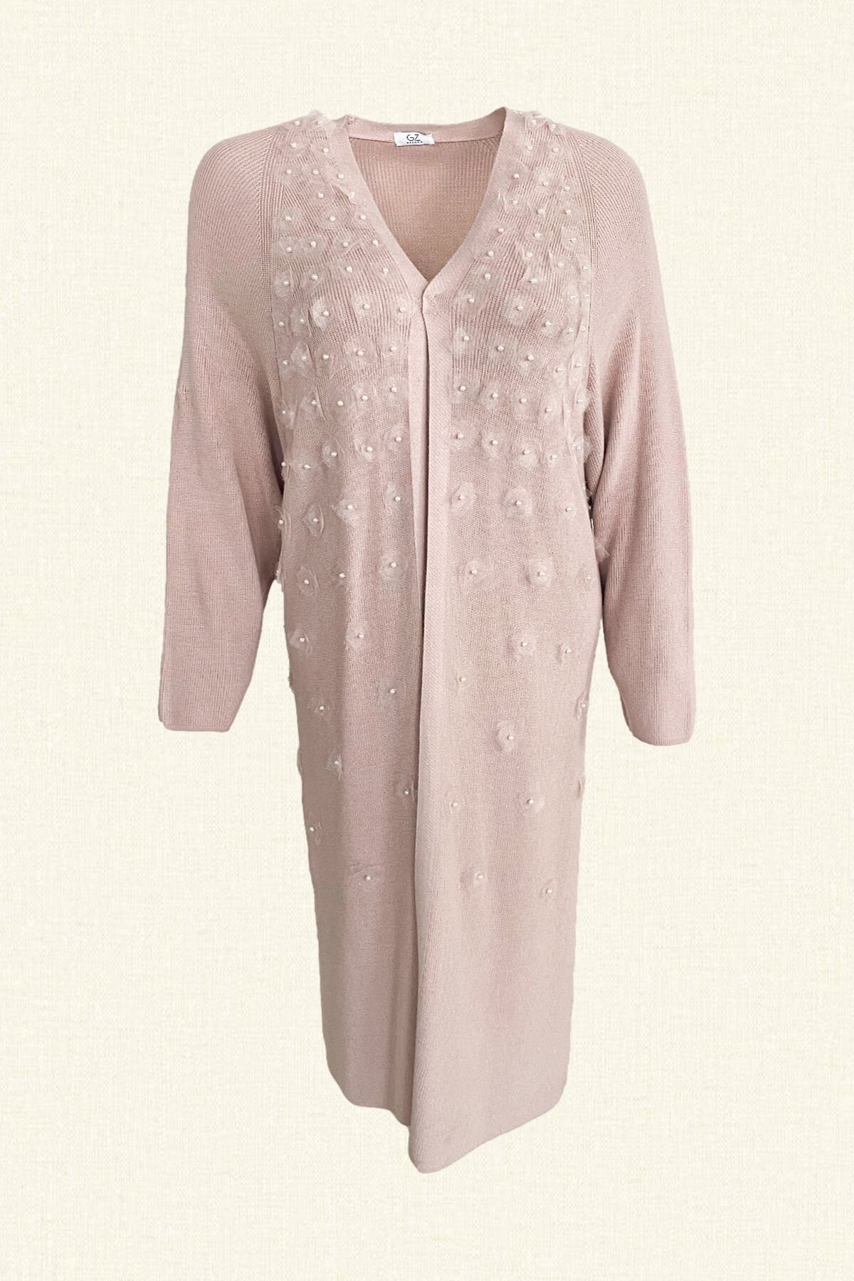 Tül ve İnci Detaylı Pudra Rengi Hırka