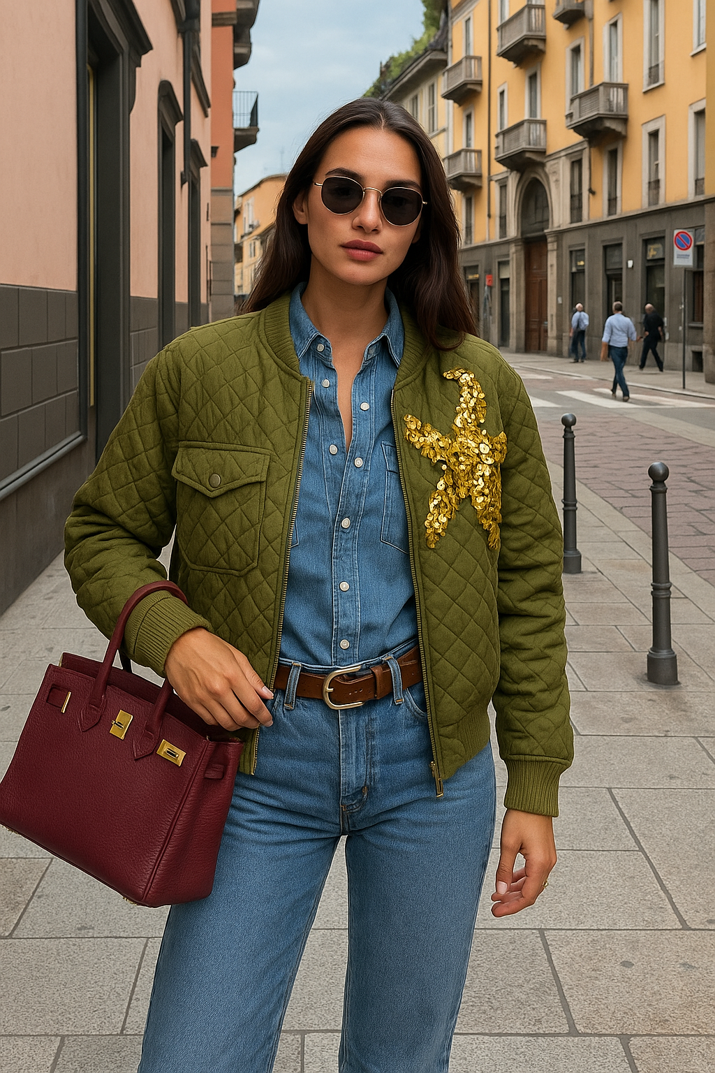 Gold Yıldız İşlemeli Yeşil Kapitone Bomber Ceket