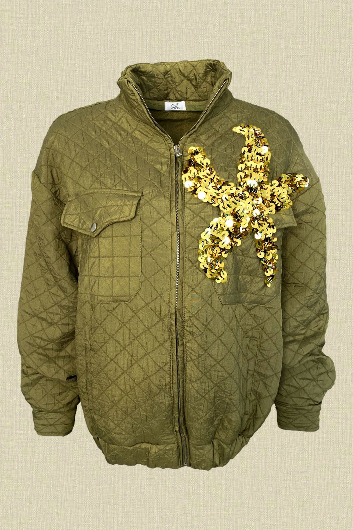 Gold Yıldız İşlemeli Yeşil Kapitone Bomber Ceket