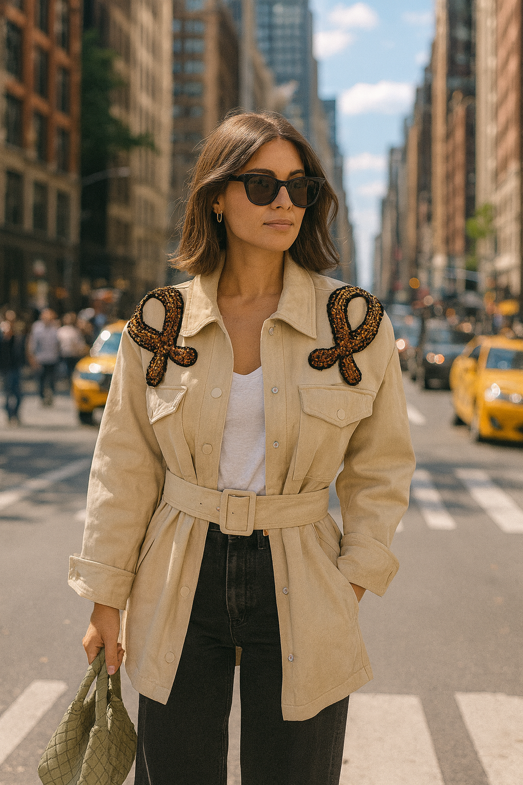 Omuzları 3 Renk İşlemeli Krem Jean Ceket