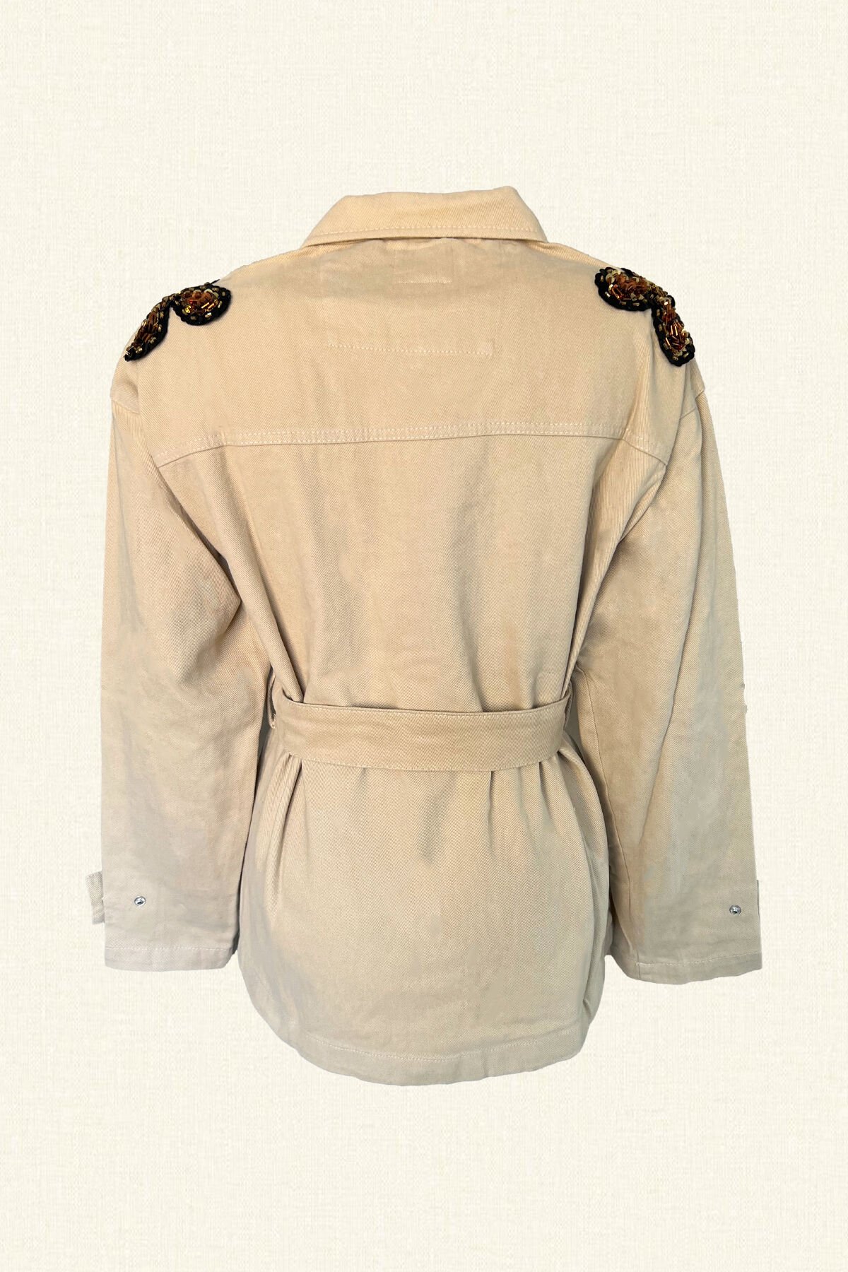 Omuzları 3 Renk İşlemeli Krem Jean Ceket