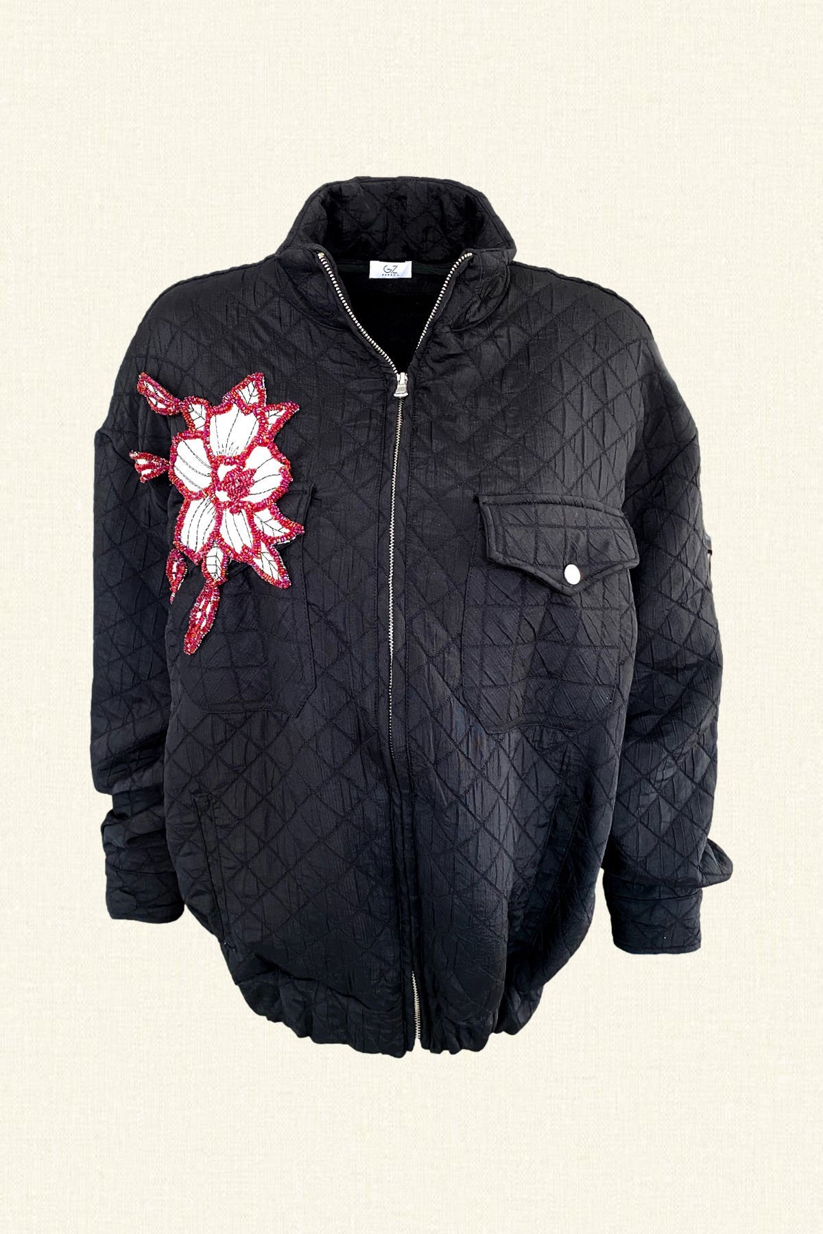 Deri Üzeri Kırmızı Boncuk İşlemeli Siyah Bomber Ceket