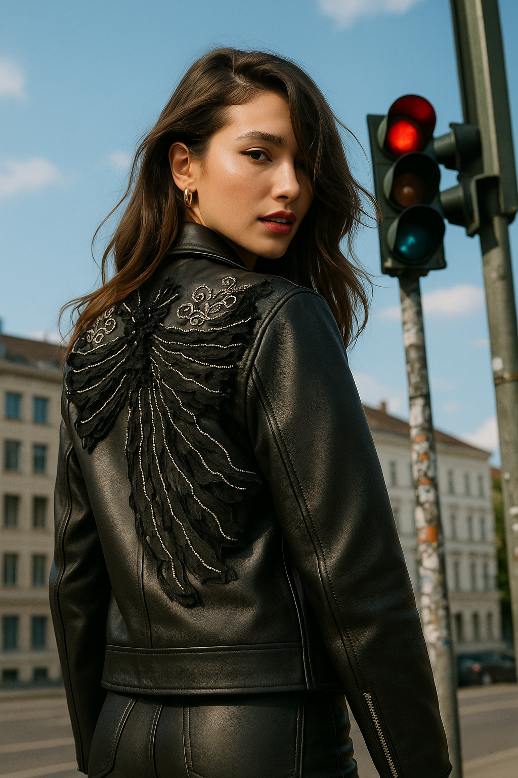 Gümüş Boncuk İşlemeli Siyah Biker Deri Ceket