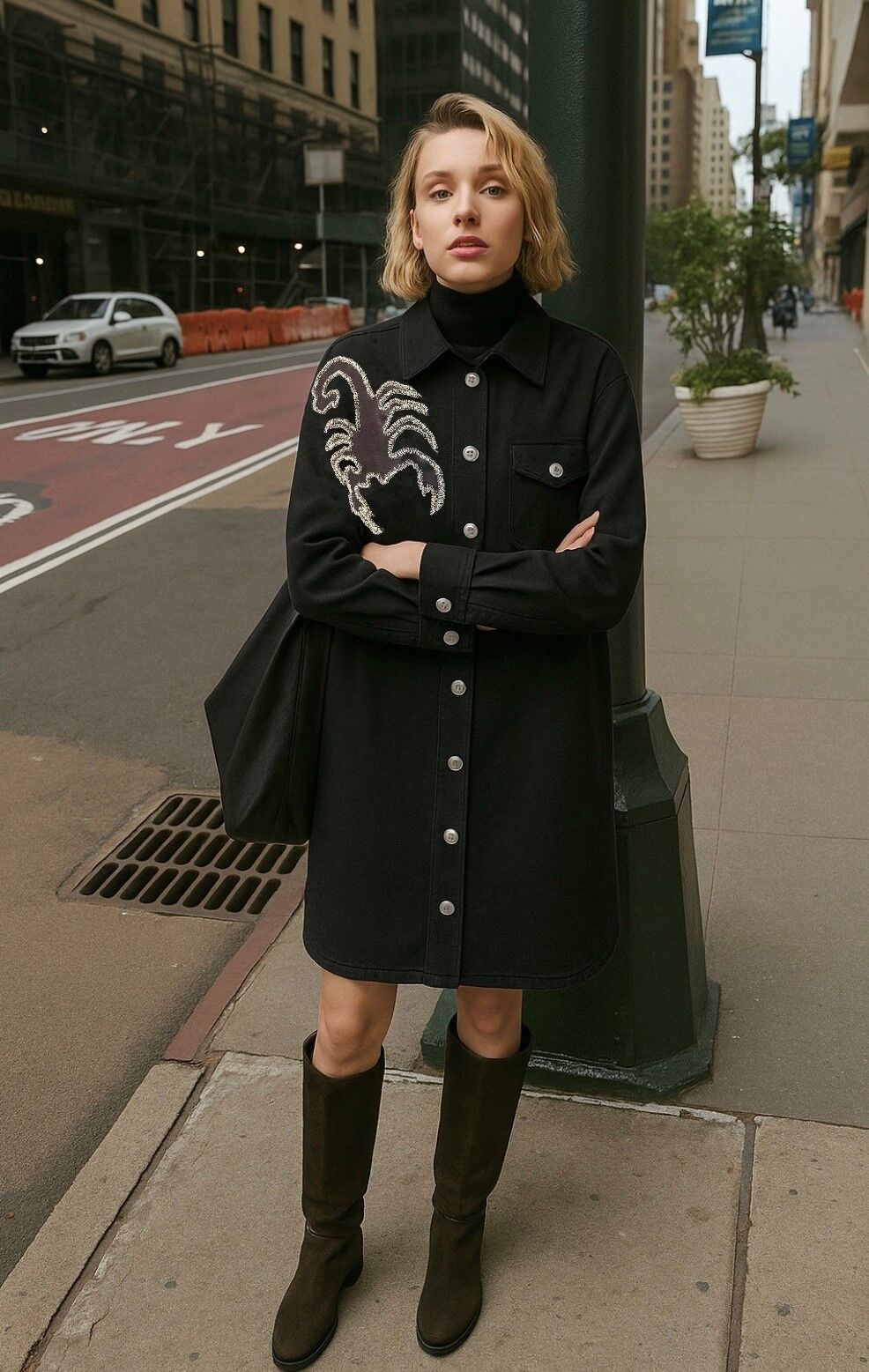 Deri Üzeri Boncuk İşlemeli Akrep Figürlü Uzun Siyah Renk Jean Ceket