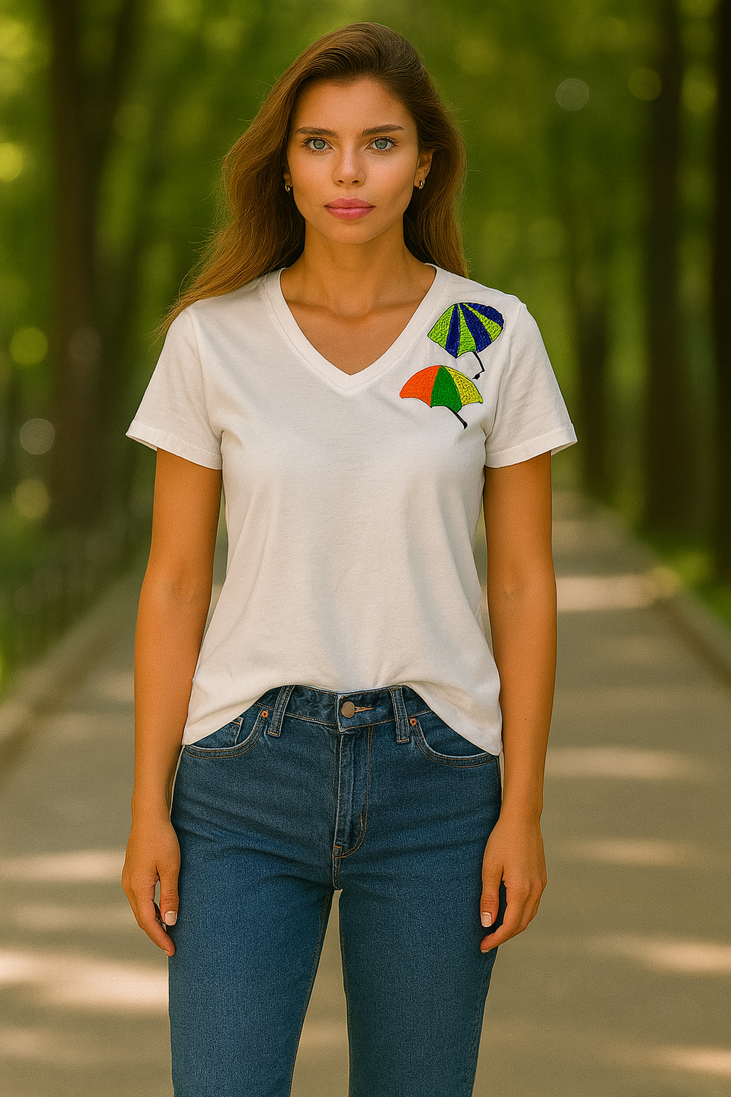 Renkli Şemsiye İşlemeli Beyaz Tişört