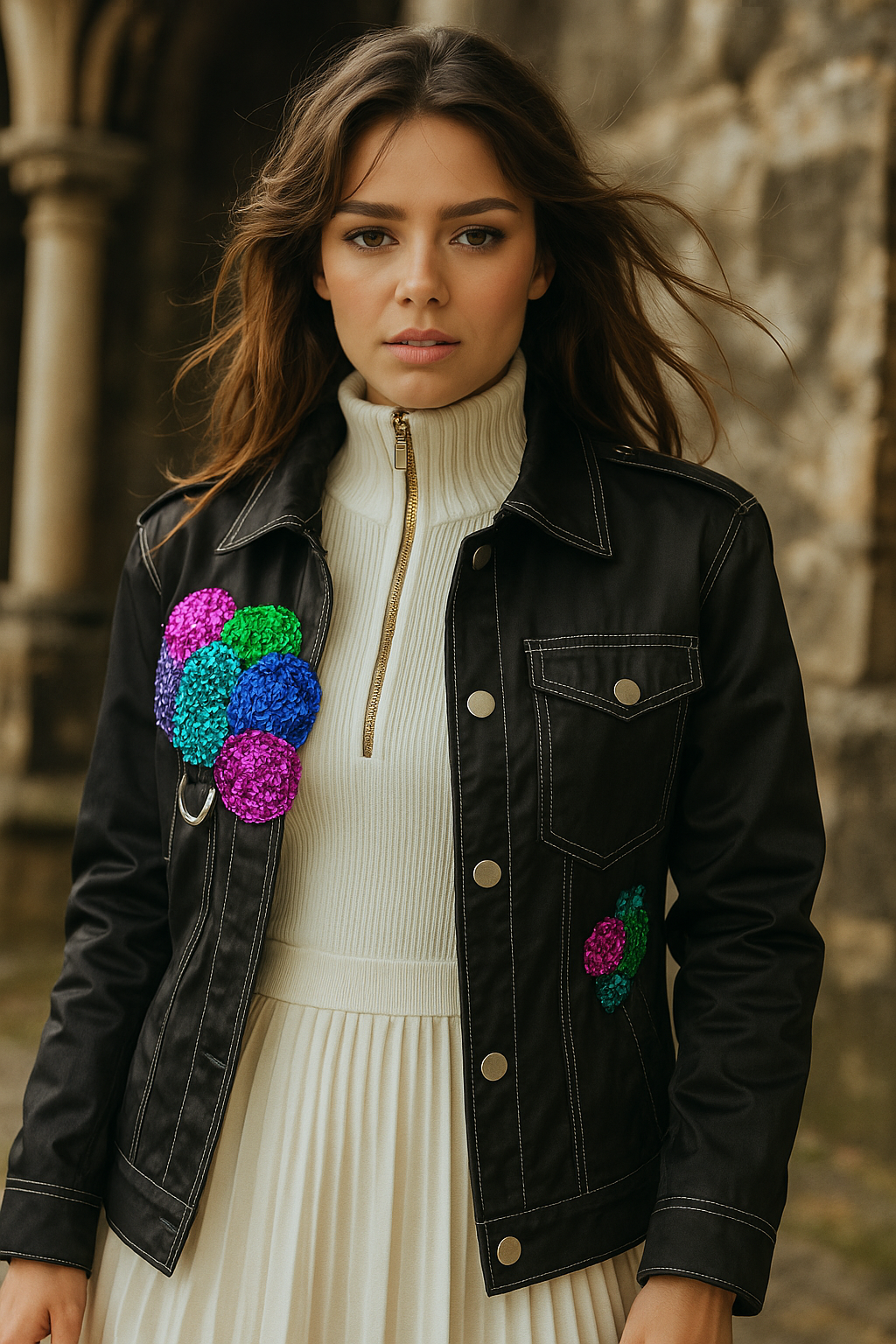 Renkli İşlemeli Siyah Saten Ceket