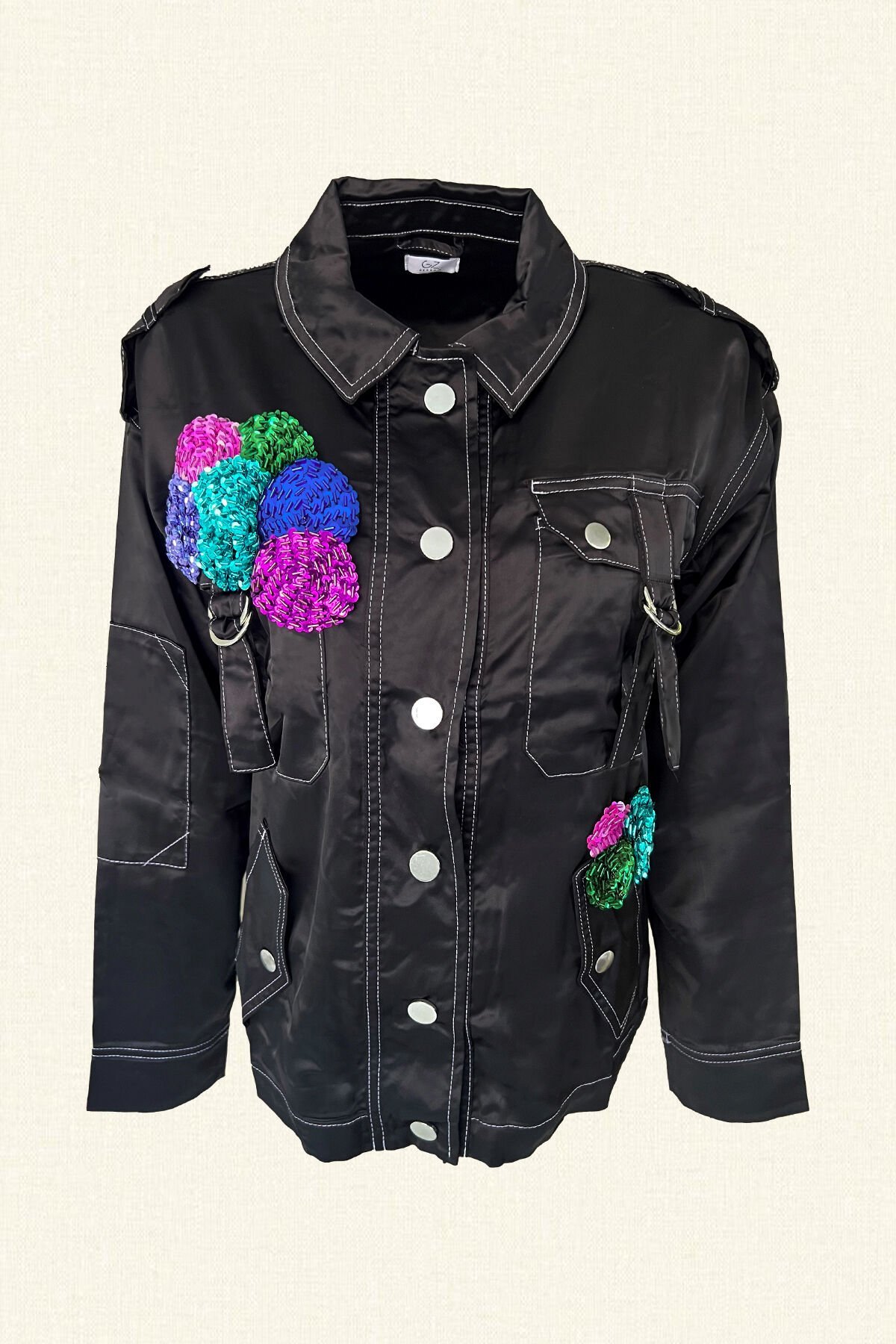 Renkli İşlemeli Siyah Saten Ceket