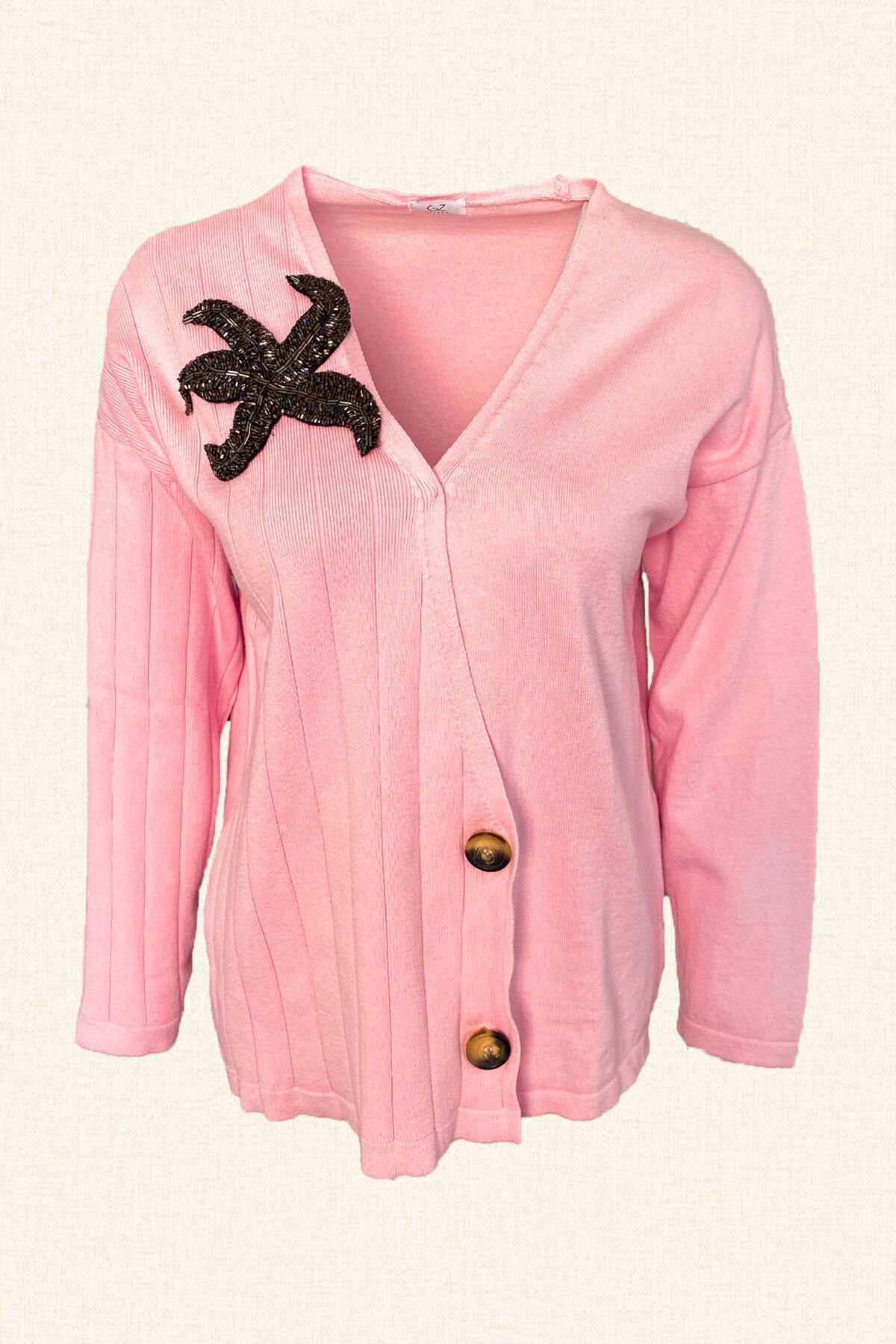 Bakır Yıldız İşlemeli Pembe Hırka