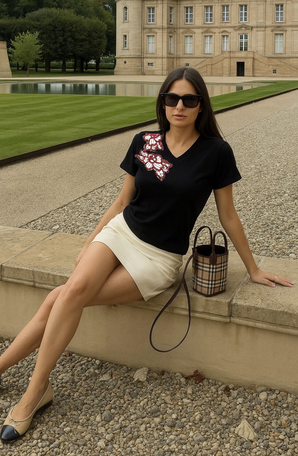 Deri Üzeri Kırmızı Boncuk İşlemeli Siyah V-Yaka Tişört