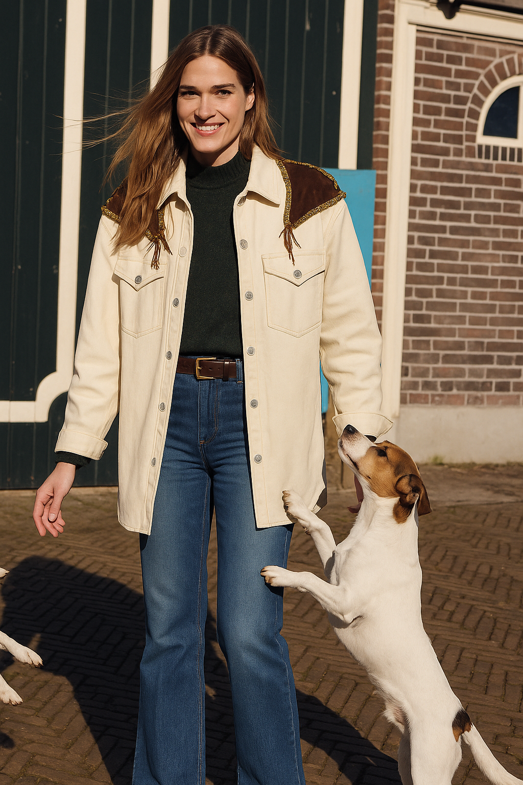 Deri Üzeri Pul İşlemeli Uzun Krem Oversize Jean Ceket