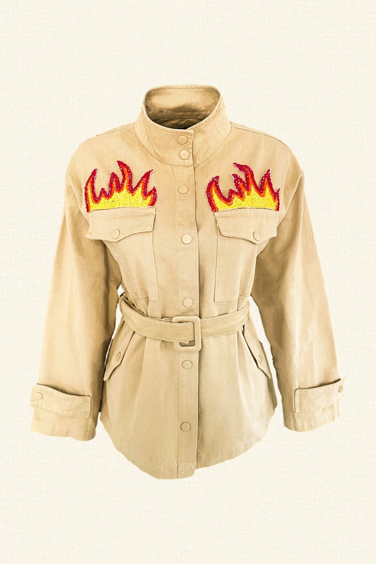 Alev İşlemeli Krem Renk Jean Ceket