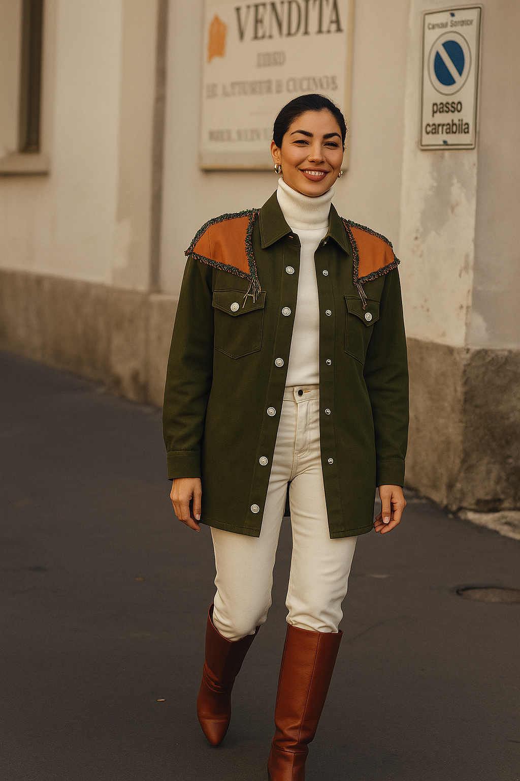 Deri Üzeri Pul İşlemeli Uzun Yeşil Oversize Jean Ceket