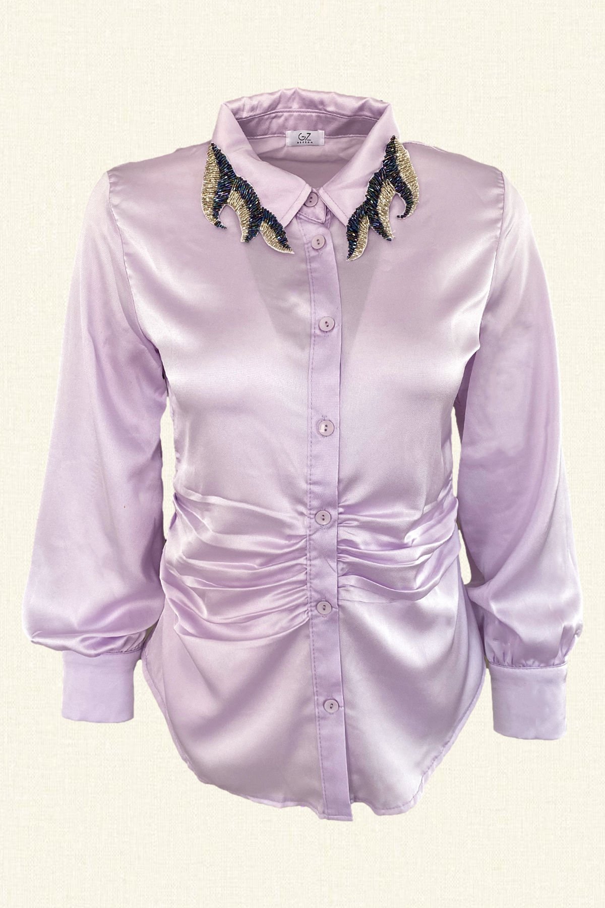 Yakası İşlemeli Lila Renk Saten Gömlek