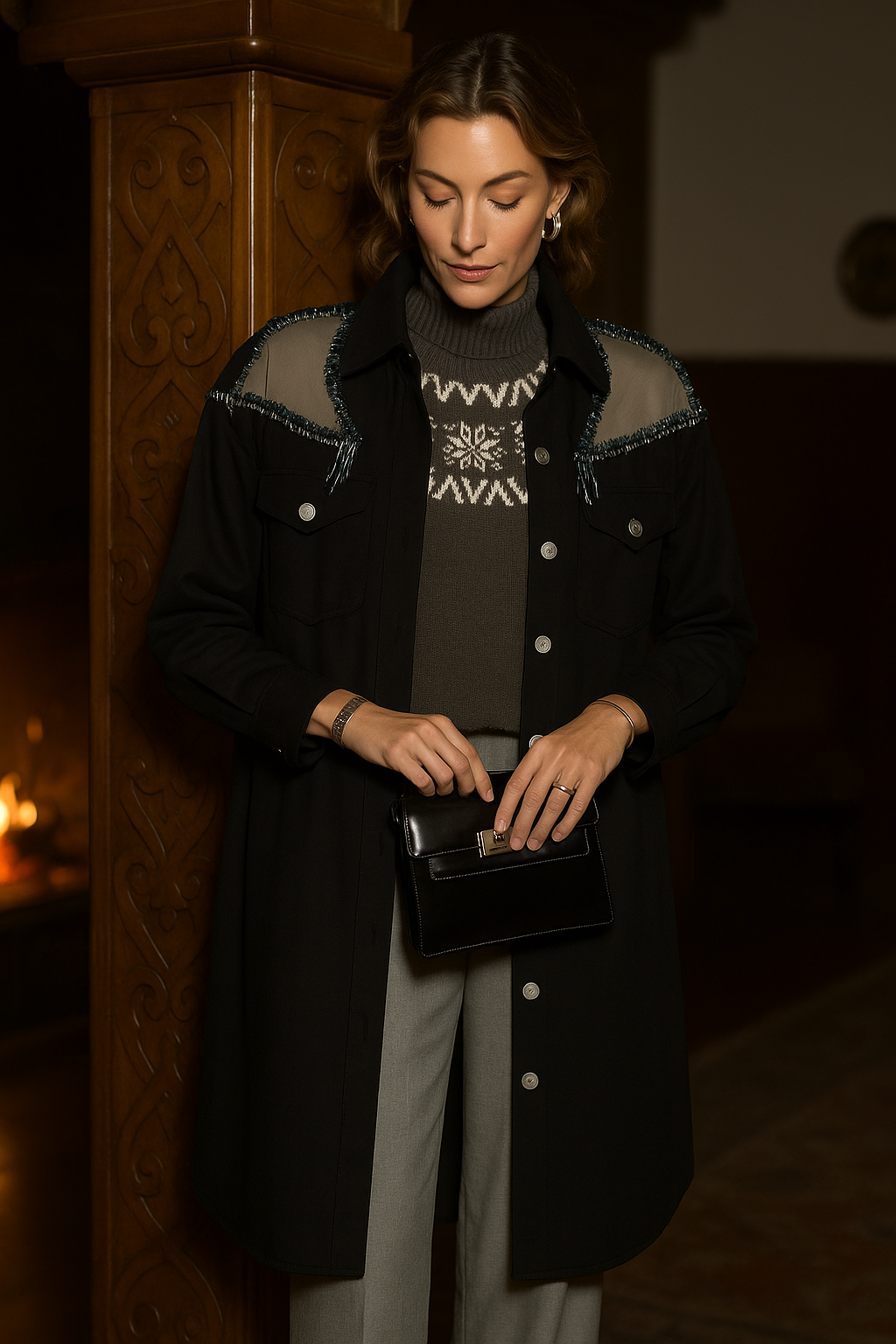 Deri Üzeri Pul İşlemeli Uzun Siyah Oversize Jean Ceket