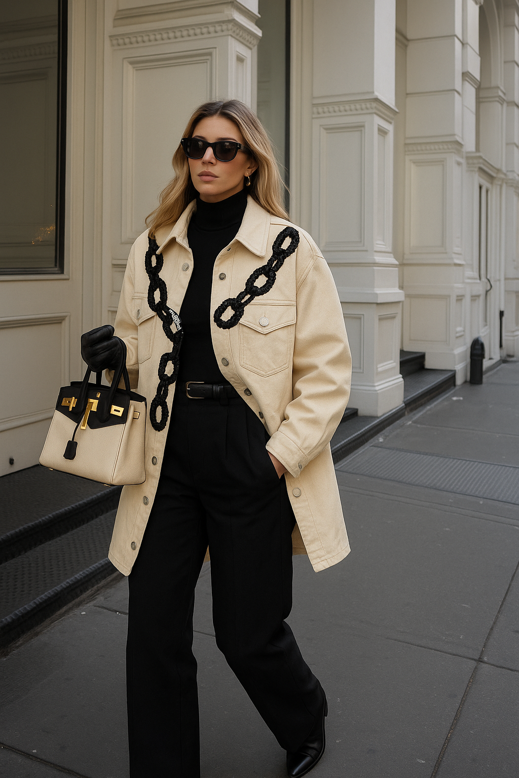 Siyah Zincir İşlemeli Uzun Krem Oversize Jean Ceket