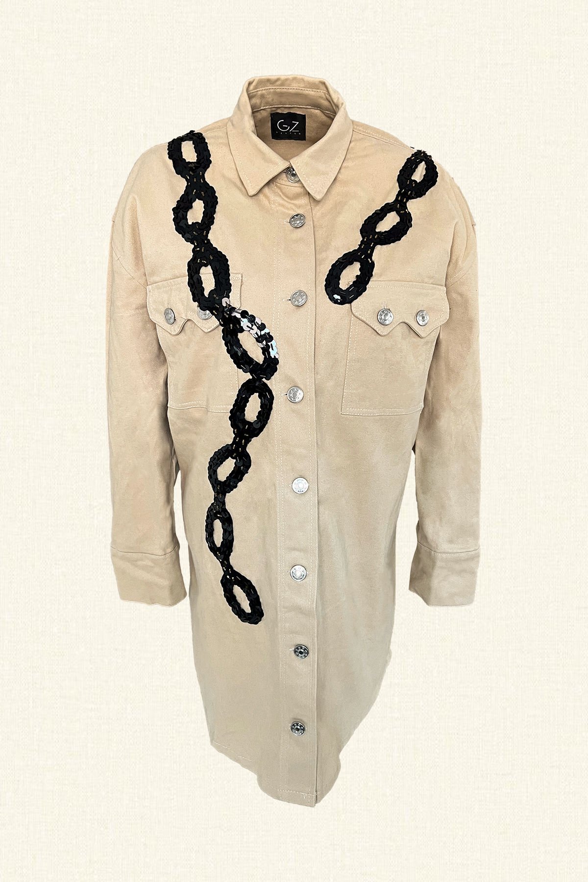 Siyah Zincir İşlemeli Uzun Krem Oversize Jean Ceket